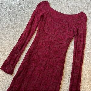 Deep red floral lace long sleeve mini dress